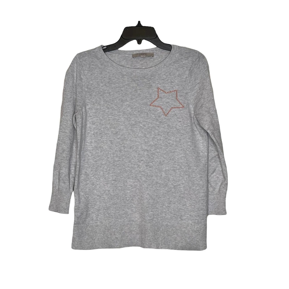 Ann Taylor Loft Womens Sweater Size Small Gray Crew Neck With Star Cotton